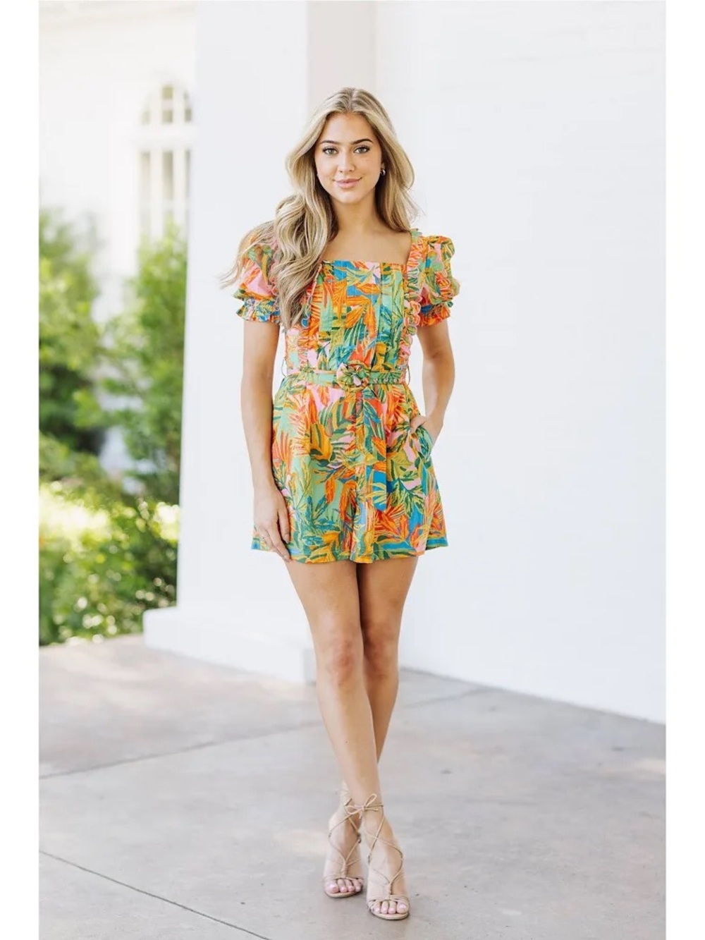 j.marie Vibrant Paloma Tropical Puff-Sleeve Romper in Orange & Pink - Picture 6 of 6